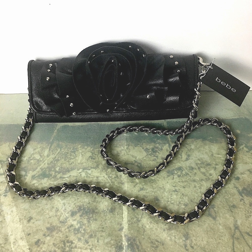 Bebe Rosette Clutch Bag Chain Link Strap Black Shoulder Bag